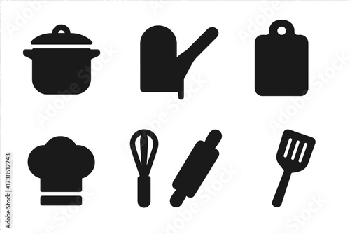 Cooking Icon Set. Solid, filled icon set of dinner preparation: cooking pot, frying pan, oven mitt, cutting board, chef?s hat, whisk, rolling pin, spatula.