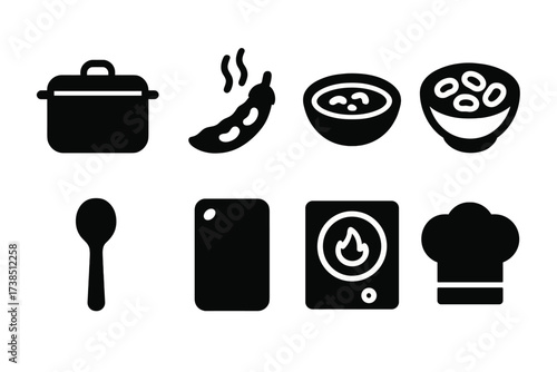 Bean Cooking Icons. Solid, filled icon set of bean pod cooking: pot, steaming pod, bean soup, cooked beans bowl, spoon, cutting board, stove, chef hat. [Line
