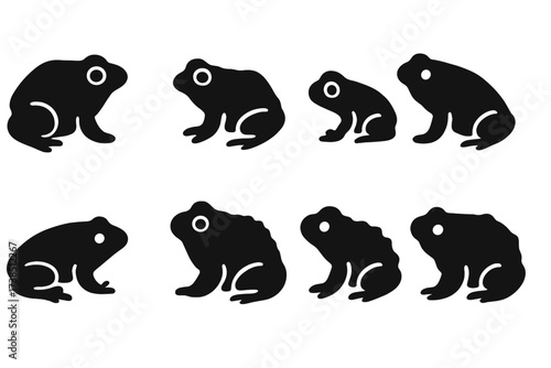 Toad Icon Grid. Solid, filled icon set of toad species: common toad, cane toad, natterjack toad, spadefoot toad, fire-bellied toad, American toad, European