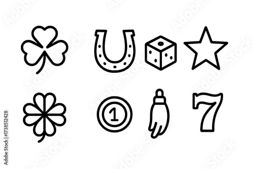 Outline Luck Icons. Outline icon set of luck symbols: clover, horseshoe, dice, star, four-leaf clover, lucky coin, rabbit foot, lucky number seven. Line icons