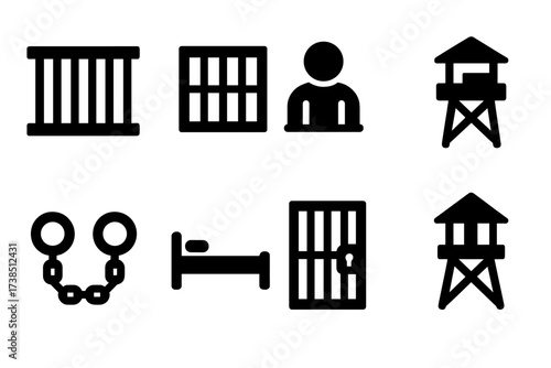 Prison Icon Set. Solid, filled icon set of prison and confinement: jail cell, barred window, prisoner silhouette, guard tower, shackles, prison bed, barred