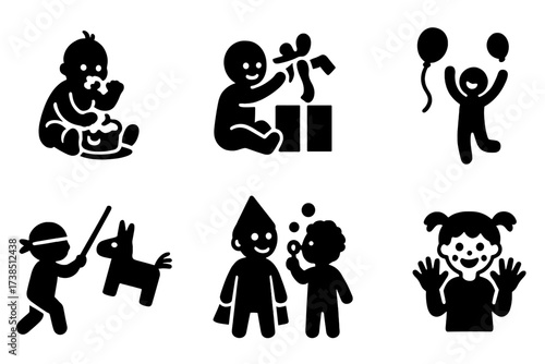 Child Celebration Icons. Solid, filled icon set of child celebration moments: cake smash, gift unwrapping, playful dance, balloon toss, pinata swing, costume