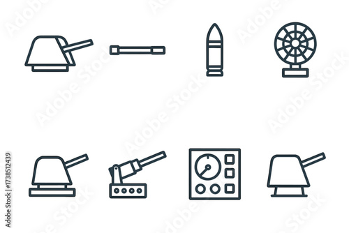 Naval Gun Icons. Outline icon set of naval gun: turret, barrel, ammunition shell, targeting radar, gun mount, recoil system, fire control panel, naval cannon.