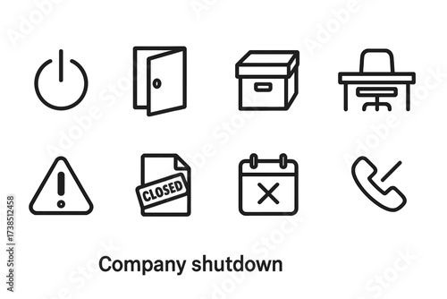 Company Shutdown Icons. Outline icon set of company shutdown: power off button, exit door, file archive box, empty desk, warning sign, document stamped