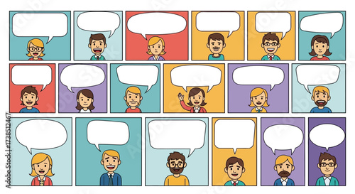 Comic strip template with diverse characters and speech bubbles for creative storytelling or