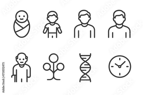 Generations Icon Set. Outline icon set of generations: baby, child, teenager, adult, elder, family tree, DNA strand, clock. Line icons in only black color,