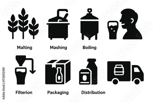 Brewing Process Icons. Solid, filled icon set of pint brewing stages: malting, mashing, boiling, fermenting, conditioning, filtering, packaging, distributing.