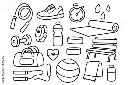 Jump Rope Essentials. Hand-drawn doodle illustration jump rope workout jump rope, sneakers, stopwatch, sweat droplets, fitness tracker, dumbbells, water
