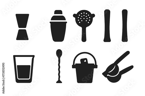 Gin Bar Icons. Solid, filled icon set of gin bar accessories: jigger, shaker, strainer, muddler, mixing glass, bar spoon, ice bucket, citrus squeezer. Solid,