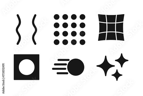 Optical Illusion Icons. Solid, filled icon set of optical tricks: bending line illusion, moving dots, warped grid, gradient fade, shape reversal, motion blur,