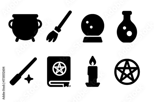 Magical Ritual Icons. Solid, filled icon set of magical ritual: cauldron, broomstick, crystal ball, potion bottle, wand, spellbook, candle, pentacle. [Line
