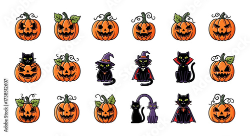 Cute Halloween character illustration featuring spooky pumpkins and black cats on a white background