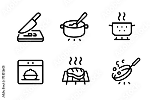 Cooking Technique Icons. Outline icon set of cooking techniques: chopping, stirring, boiling, frying, baking, grilling, sauteing, steaming. Line icons in only