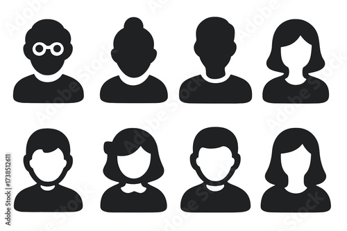 Family Lineage Icons. Solid, filled icon set of family lineage: grandfather, grandmother, father, mother, son, daughter, sibling, cousin. Solid, filled icons