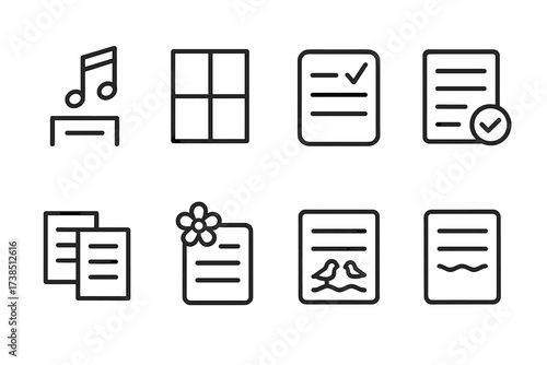 Poetry Icon Set. Outline icon set of poetry elements: rhyme, stanza, meter, couplet, verse, sonnet, haiku, free verse. Line icons in only black