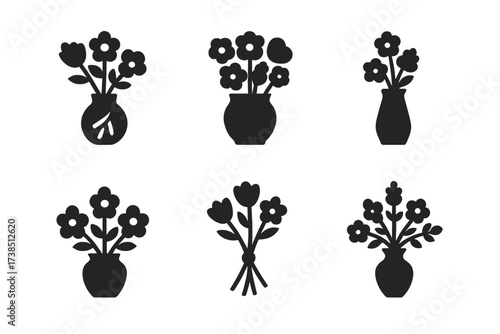 Flower Arrangement Icons. Solid, filled icon set of flower arrangement techniques: spiraling stems, color blocking, grouping flowers, cascading