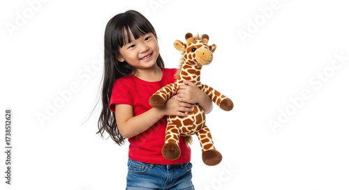 Happy Little Girl Holding Stuffed Giraffe Isolated on White Background Studio Portrait