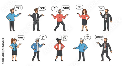 Diverse people expressing opinions with speech bubbles, debate and discussion concept illustration