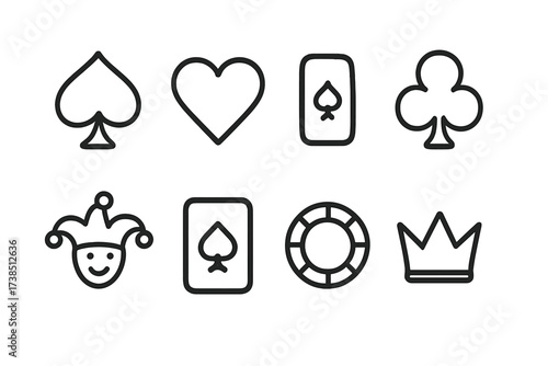 Poker Symbols Icons. Outline icon set of poker symbols: spade, heart, diamond, club, joker, ace, chip, crown. Line icons in only black color, consistent stroke