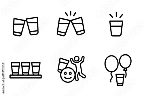 Shot Glass Icons. Outline icon set of shot glass moments: toast, cheers, celebration, bar counter, clinking glasses, happy face, dance floor, party balloon.