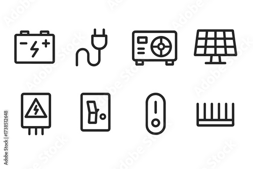 Radar Power Icons Set. Outline icon set of radar power systems: battery pack, power cable, generator, solar panel, voltage regulator, circuit breaker, power