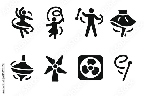 Twirl Object Icons. Solid, filled icon set of twirl objects: spinning dancer, ribbon twirl, baton twirl, twirling skirt, spinning top, windmill, rotating fan,