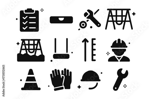 Playground Safety Icons. Playground safety check. Solid icons set of inspection checklist, level tool, secure bolts, frame stability, ground padding, safe