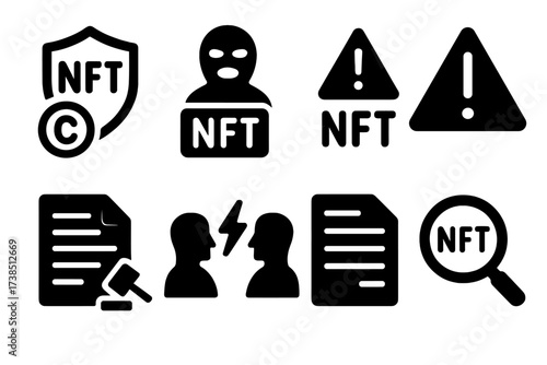NFT Challenge Icons. Solid, filled icon set of NFT challenges: copyright, fraud, scam alert, warning sign, legal document, dispute, report, investigation. Line