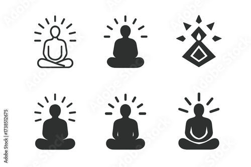 Mystical Logo Variations. Spiritual energy. Set Logo of mysticism: glowing aura around meditating figure. harmonious logo variations of the same emblematic