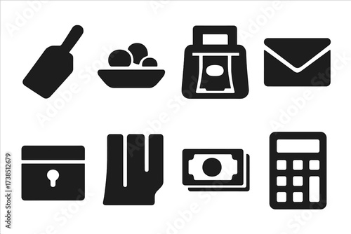 Tip Jar Tools. Solid, filled icon set of tip jar collection tools: scoop, coin tray, counting machine, envelope, cash box, coin sorter, money clip, calculator.