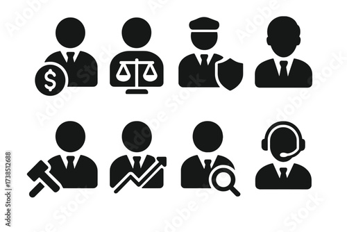Collection Participants Icons. Solid, filled icon set of collections participants: debtor, creditor, collector, lawyer, financial advisor, customer service,