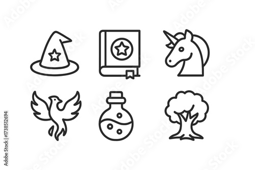 Fantasy Storybook Icons. Outline icon set of fantasy storybook: wizard hat, spell book, mystical crystal, unicorn, phoenix, potion bottle, enchanted tree,