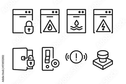 Dishwasher Safety Icons. Outline icon set of dishwasher safety: child lock, heat warning, water overflow, power surge, door lock, safety switch, sensor alert,