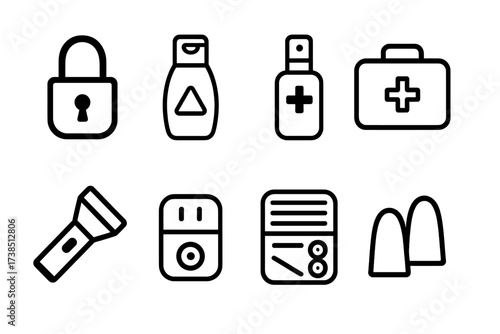 Travel Essentials Icons. Solid, filled icon set of travel size safety and convenience: travel lock, TSA approved bottle, pocket sanitizer, mini first aid kit,