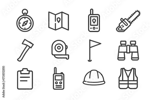 Forest Tools Icons. Forest management tools. Line icon set of forest management tools: compass, map, GPS device, chainsaw, axe, measuring tape, survey flag,