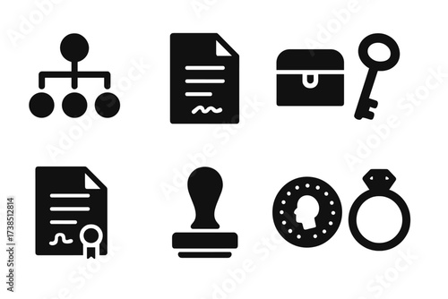 Inheritance Icon Set. Solid, filled icon set of inheritance symbols: family tree, will document, treasure chest, antique key, legal contract, seal stamp, old
