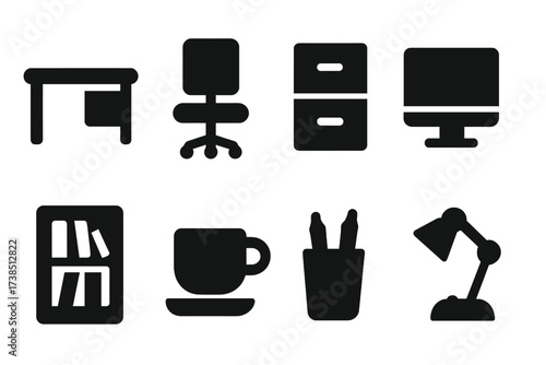 Executive Office Icons. Solid, filled icon set of executive office: desk, swivel chair, filing cabinet, computer, bookshelf, coffee cup, pen holder, lamp.