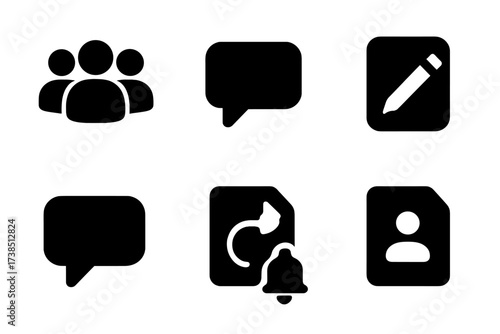 Document Collaboration Icons. Solid, filled icon set of document collaboration: user group, chat bubble, edit pencil, approval check, comment, version control,