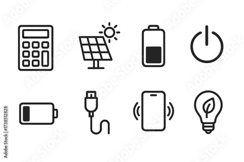 Energy Icon Set. Outline icon set of calculator energy sources: solar panel, battery, USB charging, power button, low battery indicator, charging cable,