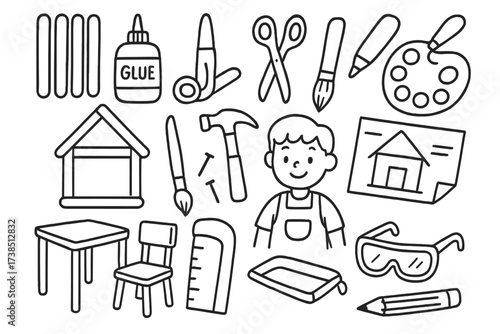 Popsicle Stick Crafting. Hand-drawn doodle illustration Crafting popsicle stick houses popsicle sticks, glue bottle, scissors, paintbrush, paint palette,