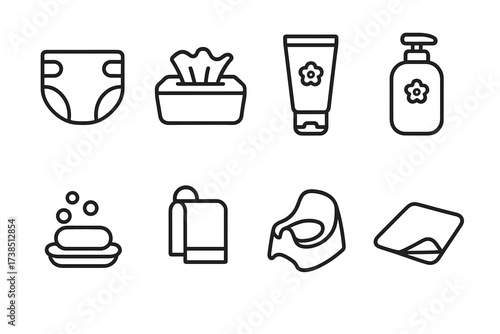 Nursery Hygiene Icons. Outline icon set of nursery hygiene: diaper, wipes, diaper rash cream, baby lotion, soap, towel, potty, changing mat. Line icons in only