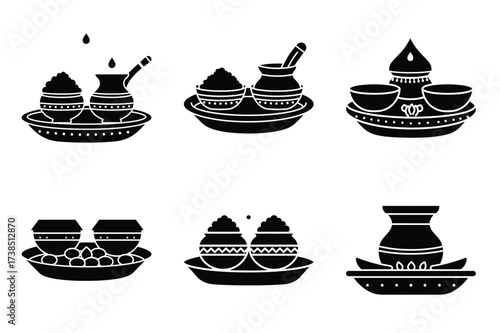 Traditional thali icon set, black isolated silhouette fill vector icons