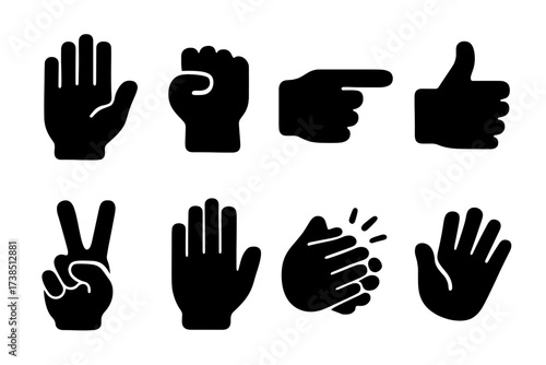 Glove Gesture Icons. Solid, filled icon set of glove gestures: open hand, closed fist, pointing finger, thumbs up, peace sign, palm facing out, clapping hands,