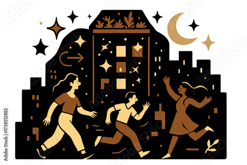 Nighttime City Vibes. Tower at night. Windows glowing like constellations, rooftop gardens shining, abstract stars and moons floating above. City alive after
