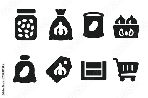 Garlic and Beans Icons. Solid, filled icon set of garlic and beans packaging: jar of beans, bag of garlic, can of beans, box of garlic cloves, bulk sack, label
