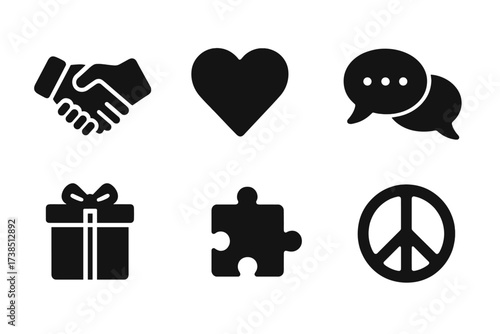 Personal Values Icons. Solid, filled icon set of personal compromise: handshake, heart symbol, speech bubbles, calendar, gift, puzzle piece, handshake, peace