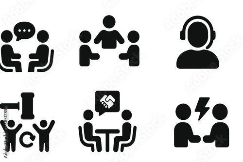 Support Icon Set. Solid, filled icon set of collections support: counseling, mediation, financial advice, customer support, dispute resolution, debt