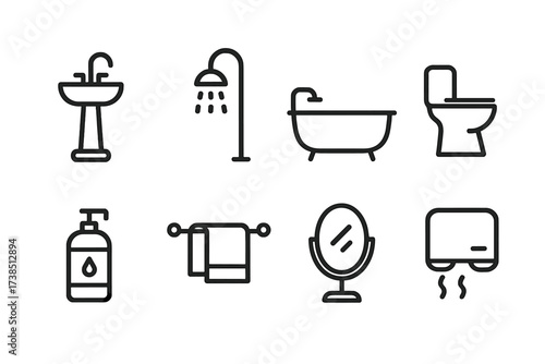 Bathroom Facility Icons. Outline icon set of bathroom facilities: sink, shower, bathtub, soap dispenser, towel rack, mirror, toilet flush, hand dryer. [Line