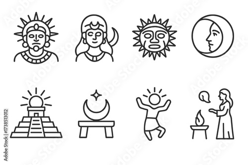 Cultural Sun Moon Icons. Outline icon set of sun and moon in culture: sun god, moon goddess, sun mask, moon face, sun temple, moon altar, sun dance, moon