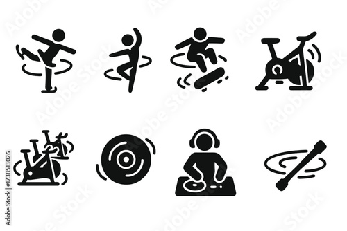 Sports Spin Icon Set. Solid, filled icon set of spin sports: figure skating spin, gymnastics spin, skateboarding spin, spinning bike, spinning class, spinning